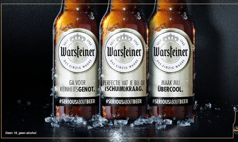 Drie flesjes Warsteiner op een rij met nieuwe bieretiquette bieretiketten